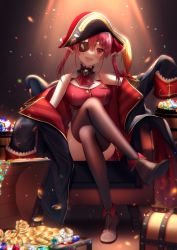 Rule 34 | 1girl, :d, ascot, black thighhighs, blush, breasts, brooch, coat, coin, commentary request, crossed legs, eyepatch, gem, haruhitooo, hat, heart, heart print, highres, hololive, houshou marine, jewelry, large breasts, long hair, long sleeves, looking at viewer, off shoulder, open mouth, pirate hat, red eyes, sitting, sleeves past fingers, sleeves past wrists, smile, solo, thighhighs, treasure chest, twintails, virtual youtuber