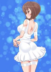 Rule 34 | 1girl, ass, backless dress, backless outfit, blue background, brown eyes, brown hair, casual, commentary request, cowboy shot, dress, frilled dress, frills, from behind, girls und panzer, highres, interlocked fingers, makura ken, nishizumi maho, own hands together, parted lips, partial commentary, short dress, short hair, sleeveless, sleeveless dress, solo, standing, thigh strap, white dress
