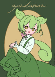 Rule 34 | 1girl, :d, bow, brown background, brown eyes, collared shirt, commentary request, frilled skirt, frills, green background, green hair, green skirt, hair between eyes, highres, long hair, long sleeves, looking at viewer, neki (wakiko), open mouth, pink bow, puffy long sleeves, puffy sleeves, shirt, skirt, skirt hold, sleeves past wrists, smile, solo, suspender skirt, suspenders, two-tone background, very long hair, voicevox, white shirt, zundamon