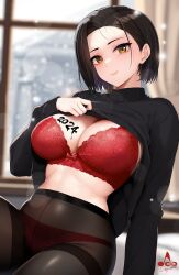 Rule 34 | 1girl, 2024, artist logo, black hair, black pantyhose, black sweater, blurry, blurry background, blush, body writing, bra, breasts, brown eyes, cleavage, closed mouth, clothes lift, gusset, highres, infinote, large breasts, lifting own clothes, looking at viewer, original, panties, panties under pantyhose, pantyhose, red bra, red panties, short hair, signature, sitting, solo, sweater, sweater lift, thighband pantyhose, turtleneck, turtleneck sweater, underwear, yashiki yuuko (infinote)