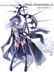 Rule 34 | 1girl, amputee, armband, bandages, blue hair, boots, breasts, cape, cleavage, cleavage cutout, clothing cutout, dress, gauntlets, hat, pixiv fantasia, pixiv fantasia 5, red eyes, shadow, short dress, simple background, skade, solo, standing, tattoo, thigh boots, thighhighs, weapon, zettai ryouiki