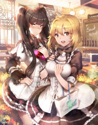 Rule 34 | 2girls, ahoge, bag, black bow, black hair, black ribbon, blonde hair, blush, bottle, bow, cash register, character request, computer, copyright name, gift, haru estia, heart, highres, holding, holding bag, holding gift, kyjsogom, long hair, looking at viewer, monitor, multiple girls, open mouth, orange eyes, red ribbon, ribbon, shopping bag, short hair, smile, soulworker, table, teeth, twintails, white bow