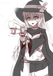 Rule 34 | 1girl, absurdres, ayachi nene, belt bra, black cloak, black hat, black sleeves, blood, blood on clothes, blood on face, bloody weapon, breasts, choker, cleavage, cloak, commentary, cowboy shot, gun, hair between eyes, handgun, hat, highres, hip vent, holding, holding gun, holding weapon, kyouno komatsu, large breasts, long hair, long sleeves, looking afar, miniskirt, monochrome, open mouth, pleated skirt, pointing, pointing forward, sanoba witch, scared, shaded face, simple background, sketch, skirt, smoke, solo, standing, tearing up, tears, traumatized, trembling, very long hair, wavy mouth, weapon, white background, wide-eyed, wide sleeves, witch, witch hat