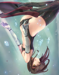 Rule 34 | 10s, 1girl, afloat, air bubble, armadillo-tokage, arms at sides, ass, backless outfit, bare shoulders, brown hair, bubble, butt crack, cameltoe, elbow gloves, floating, floating hair, gloves, hairband, headgear, highres, kantai collection, looking at viewer, one-piece swimsuit, open mouth, skindentation, solo, submerged, swimsuit, taihou (kancolle), thighhighs, thighs, underwater, upside-down, water, white gloves, yellow eyes