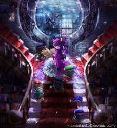 Rule 34 | 1girl, absurdres, book, book stack, bookshelf, crescent, daikazoku63, dress, hat, highres, kneeling, library, light rays, long hair, looking back, patchouli knowledge, purple eyes, purple hair, shipwreck, smile, solo, stairs, sunbeam, sunlight, touhou, water, window
