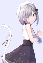 Rule 34 | 1girl, animal ears, animal hat, bare shoulders, basa rutan, beret, black skirt, blue eyes, cat hat, cat tail, closed mouth, commentary request, fake animal ears, frills, grey hair, hair over one eye, hat, highres, kaga sumire, key, looking at viewer, looking to the side, lupinus virtual games, purple background, shirt, short hair, simple background, skirt, sleeveless, sleeveless shirt, smile, solo, steepled fingers, tail, tail raised, virtual youtuber, vspo!, white hat, white shirt, wrist cuffs
