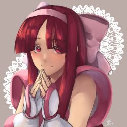 Rule 34 | 1girl, alternate hair color, bow, hair bow, hairband, highres, long hair, nakoruru, nui 896, own hands together, pink bow, red eyes, red hair, samurai spirits, smile, snk, solo