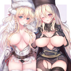 Rule 34 | 2girls, absurdres, asymmetrical legwear, belt, black gloves, black panties, blonde hair, blue eyes, blush, braid, braided bangs, breasts, cleavage, dp28 (girls&#039; frontline), earrings, finger to mouth, fingerless gloves, fishnet legwear, fishnets, fur hat, girls&#039; frontline, gloves, hair between eyes, hand on breasts, hat, highres, jewelry, large breasts, long hair, looking at viewer, martinreaction, mole, mole under eye, multiple girls, one eye closed, open mouth, panties, pantyhose, papakha, ptrd (girls&#039; frontline), purple eyes, simple background, smile, torn clothes, torn legwear, underwear, uneven legwear, white gloves