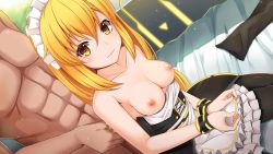 Rule 34 | 1boy, 1girl, apron, black pantyhose, blonde hair, breasts, censored, closed mouth, clothed female nude male, cuffs, dutch angle, game cg, hair between eyes, handcuffs, indoors, layered skirt, long hair, looking to the side, medium breasts, miniskirt, mosaic censoring, nipples, nude, official art, pantyhose, pleated skirt, skirt, smile, sora no kanata no dystopia x shitei, straight hair, very long hair, waist apron, white apron, white skirt, yellow eyes
