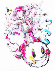 Rule 34 | 10s, 1girl, bad id, bad pixiv id, ballpoint pen (medium), blue eyes, blush stickers, charlotte (madoka magica), charmal, color ink (medium), dual persona, hair ornament, hat, mahou shoujo madoka magica, mahou shoujo madoka magica (anime), painting (medium), personification, pink hair, pyotr (madoka magica), simple background, traditional media, twintails, watercolor (medium)