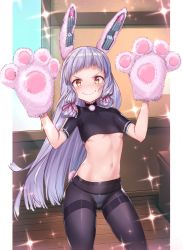 Rule 34 | &gt;:), 1girl, animal hands, black pantyhose, blush, breasts, brown eyes, closed mouth, crop top, fake tail, gloves, gluteal fold, hair ribbon, headgear, indoors, kantai collection, legs apart, long hair, looking at viewer, midriff, murakumo (kancolle), navel, nervous smile, nose blush, panties, panties under pantyhose, pantyhose, paw gloves, rabbit tail, red ribbon, ribbon, rui rubellent, shiny skin, short sleeves, silver hair, small breasts, smile, solo, sparkle, stomach, straight hair, sweatdrop, tail, thighband pantyhose, tress ribbon, underboob, underwear, v-shaped eyebrows, very long hair, w arms, wavy mouth, white panties, window, wooden floor
