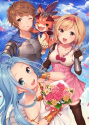Rule 34 | 1boy, 2girls, :d, ;d, ahoge, armlet, armor, bare shoulders, blonde hair, blue eyes, blue hair, blue hoodie, blue sky, boots, bouquet, bow, breastplate, breasts, brown eyes, brown footwear, brown hair, buckle, choker, claws, cleavage, cloud, cloudy sky, collar, collarbone, commentary request, contrail, creature, day, djeeta (granblue fantasy), dress, fangs, fighter (granblue fantasy), flower, gauntlets, gran (granblue fantasy), granblue fantasy, grin, hair between eyes, hair intakes, hairband, hand up, headpat, highres, holding, holding bouquet, hood, hood down, hoodie, kayase, long hair, long sleeves, looking at viewer, looking up, lyria (granblue fantasy), medium breasts, multiple girls, one eye closed, open mouth, outdoors, pauldrons, petals, pink bow, pink dress, pink flower, pink hairband, purple collar, shiny skin, shirt, short dress, short hair, shoulder armor, sky, smile, standing, straight hair, strapless, strapless dress, swept bangs, thigh boots, thighhighs, vambraces, vyrn (granblue fantasy), waving, white choker, white dress, white flower, yellow flower