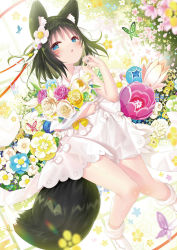 Rule 34 | 1girl, animal ears, bare arms, bare shoulders, black hair, blue eyes, blue flower, blue rose, blush, boots, bouquet, commentary request, dress, facial mark, flower, highres, looking at viewer, hugging object, official art, original, parted lips, purple flower, purple rose, rose, sleeveless, sleeveless dress, solo, tail, whisker markings, white dress, white flower, white footwear, white rose, yano mitsuki (nanairo), yellow flower, yellow rose