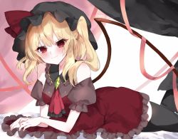 Rule 34 | 1girl, ascot, black hat, black thighhighs, blonde hair, blush, bow, breasts, collar, commentary request, crystal, dress, flandre scarlet, frilled collar, frilled dress, frills, hat, highres, looking at viewer, lying, medium hair, mob cap, no eyebrows, off-shoulder dress, off shoulder, on bed, on stomach, one side up, puffy short sleeves, puffy sleeves, red ascot, red bow, red dress, red eyes, red ribbon, ribbon, rori82li, short sleeves, small breasts, smile, solo, thighhighs, touhou, wings