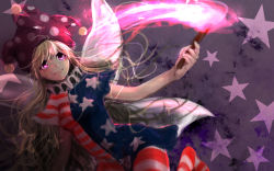 Rule 34 | 1girl, american flag dress, asa (goodikanosushi), bad id, bad pixiv id, blonde hair, breasts, closed mouth, clownpiece, fairy wings, frilled shirt collar, frills, hat, jester cap, long hair, looking up, pantyhose, pink eyes, polka dot, print pantyhose, short sleeves, small breasts, smile, solo, star (symbol), star print, torch, touhou, very long hair, wings