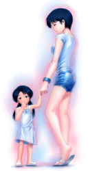 Rule 34 | 2girls, age difference, blue eyes, blue hair, blush, bow, bracelet, child, dress, finger in own mouth, height difference, holding hands, jewelry, mother and daughter, multiple girls, original, ring, s zenith lee, sandals, short hair, shorts, size difference, sundress