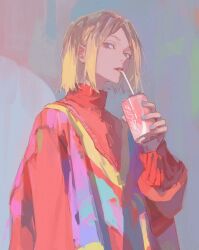 Rule 34 | 1boy, 96yottea, absurdres, blonde hair, blue nails, brown eyes, can, coca-cola, drink, drinking, drinking straw, expressionless, gradient background, gradient hair, haikyuu!!, highres, holding, holding can, kozume kenma, long sleeves, looking at viewer, male focus, medium hair, multicolored clothes, multicolored hair, multicolored sweater, nail polish, parted bangs, red sweater, sidelocks, simple background, solo, sweater, two-tone hair, upper body