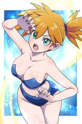 1girl asymmetrical_hair bare_arms bare_shoulders bikini blue_bikini blue_eyes blush breasts cleavage collarbone creatures_(company) eyelashes female_focus game_freak green_eyes gyakutenndokei2 gym_leader hair_between_eyes highres large_breasts looking_at_viewer misty_(pokemon) nail_polish navel nintendo one-piece_swimsuit open_mouth orange_hair pokemon pokemon_rgby pokemon_tcg pokemon_tcg_pocket ponytail shiny_skin short_hair side_ponytail smile solo sparkle standing strapless strapless_bikini strapless_one-piece_swimsuit swimsuit teeth thighs tongue