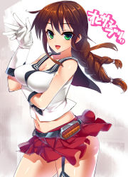 Rule 34 | 10s, 1girl, braid, breast hold, breasts, brown hair, dragonmaterial, gloves, green eyes, highres, kantai collection, large breasts, long hair, midriff, navel, noshiro (kancolle), single thighhigh, solo, thighhighs