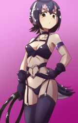 Rule 34 | 10s, 1girl, :/, alternate costume, artist request, bdsm, bird tail, black gloves, black hair, black panties, black thighhighs, bondage outfit, breasts, brown eyes, collar, commentary request, dominatrix, garter straps, gloves, gradient background, hand on own hip, headphones, heart o-ring, highres, humboldt penguin (kemono friends), kemono friends, looking at viewer, medium breasts, navel, panties, pink background, short hair, simple background, solo, stomach, tail, thighhighs, underwear, whip