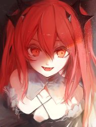 Rule 34 | 1girl, :d, absurdres, criss-cross halter, eyelashes, fangs, hair between eyes, hair ornament, halterneck, highres, hoojiro, krul tepes, light particles, long hair, looking at viewer, open mouth, owari no seraph, portrait, red eyes, red hair, smile, solo, twintails, vampire