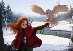 Rule 34 | 1girl, alkemanubis, arrow (projectile), bird, blue eyes, blush, bow (weapon), breastplate, cloak, commentary, day, english commentary, forest, gloves, highres, hood, hood down, hooded cloak, long hair, looking to the side, nature, original, outdoors, owl, quiver, red hair, river, snow, solo, weapon, wind, winter