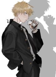 Rule 34 | 1boy, absurdres, black jacket, black pants, blonde hair, blood, blood bag, chainsaw man, denji (chainsaw man), drink, drinking straw, frown, gakuran, hand in pocket, highres, jacket, looking at viewer, open clothes, pants, school uniform, shadow, short hair, simple background, solo, tasuketemama, unbuttoned, white background