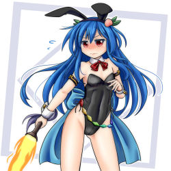 Rule 34 | 1girl, adapted costume, animal ears, black leotard, blue hair, blush, rabbit ears, rabbit tail, cowboy shot, detached collar, fire, flat chest, flying sweatdrops, hinanawi tenshi, leotard, long hair, mail (mail gell), neck ribbon, playboy bunny, rabbit girl, red eyes, red ribbon, ribbon, solo, standing, strapless, strapless leotard, sword of hisou, tail, touhou, wrist cuffs