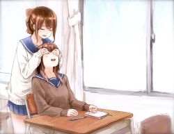 Rule 34 | 2girls, :d, bad id, bad pixiv id, book, bow, brown eyes, brown hair, chair, closed eyes, covering another&#039;s eyes, covering own eyes, desk, hair bow, multiple girls, open mouth, original, pen, school, school uniform, sitting, skirt, smile, standing, sweater, syou (endemic species), window