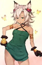 Rule 34 | 10s, 1girl, animal ears, animal hands, armlet, armpits, bare shoulders, breasts, bug, butterfly, cat ears, cat paws, cleavage, dark-skinned female, dark skin, feathers, female focus, flower, granblue fantasy, green eyes, hair flower, hair ornament, highres, insect, melleau, open mouth, short hair, silver hair, simple background, solo, tagme, thighhighs, thighs