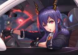 Rule 34 | 1girl, absurdres, arknights, beacon, black gloves, black jacket, blue hair, blurry, car interior, ch&#039;en (arknights), character doll, clock, collared shirt, dragon girl, dragon horns, elbow rest, fingerless gloves, from outside, from side, gloves, glowing, hair between eyes, hair over shoulder, hair tie, highres, horns, jacket, left-hand drive, long hair, looking at viewer, necktie, orange necktie, outstretched arm, pointing, pointing at self, rear-view mirror, red eyes, seatbelt, shirt, sidelocks, sleeves rolled up, solo, steering wheel, thumbs up, twintails, upper body, white shirt, zzk