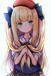 Rule 34 | 1girl, baram, blonde hair, blue bow, blue shirt, blunt bangs, blush, bow, commentary request, green eyes, grin, hair bow, hands in hair, hat, highres, long hair, looking at viewer, mononobe alice, nijisanji, own hands together, red hat, sailor collar, shirt, short sleeves, sidelocks, smile, solo, teeth, upper body, very long hair, virtual youtuber, white sailor collar