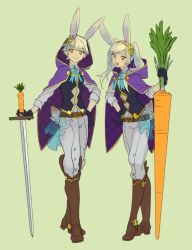 Rule 34 | 1boy, 1girl, animal ears, carrot, cloak, fake animal ears, fire emblem, fire emblem awakening, fire emblem heroes, green background, holding, holding sword, holding weapon, leotard, looking at viewer, nintendo, playboy bunny, rabbit ears, robin (female) (fire emblem), robin (fire emblem), robin (male) (fire emblem), simple background, smile, sword, weapon
