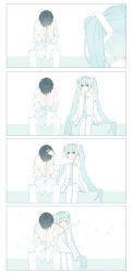 Rule 34 | 1boy, 1girl, 4koma, absurdres, aqua eyes, aqua hair, aqua necktie, bare shoulders, black hair, closed eyes, comforting, comic, commentary, covering face, detached sleeves, eighth note, face in hands, hair ornament, hatsune miku, headpat, highres, long hair, master (vocaloid), music, musical note, necktie, pants, pleated skirt, re eva, sad, shirt, singing, sitting, skirt, sleeveless, sleeveless shirt, sparkle, spoken musical note, spot color, star (symbol), thighhighs, twintails, very long hair, vocaloid, white background, white pants, white shirt, white skirt, white sleeves, white thighhighs