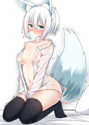 Rule 34 | 1girl, 3:, absurdres, animal ears, aqua eyes, bad id, bad pixiv id, bare shoulders, between legs, black thighhighs, blush, breasts, closed mouth, collarbone, dress shirt, fox ears, fox tail, grey background, hair between eyes, hand between legs, heart, heavy breathing, highres, kneeling, looking at viewer, medium breasts, moyoron, naked shirt, nipples, nose blush, original, pillow, ponytail, see-through, shirt, sidelocks, simple background, solo, tail, thighhighs, thighs, trembling, white background, white hair