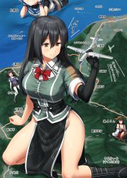 Rule 34 | 4girls, aircraft, airplane, b-29 superfortress, black eyes, black footwear, black gloves, black hair, black legwear, boots, bow, bowtie, breasts, chikuma (kancolle), cleavage, commentary request, elbow gloves, giant, giantess, gloves, grin, haruna (kancolle), head out of frame, highres, ichikawa feesu, j7w shinden, kantai collection, large breasts, long hair, lying, multiple girls, myoukou (kancolle), myoukou pose, name connection, object namesake, on stomach, pelvic curtain, puffy short sleeves, puffy sleeves, sado (kancolle), short sleeves, single elbow glove, single glove, single thighhigh, sitting, smile, solo focus, thigh strap, thighhighs, translation request