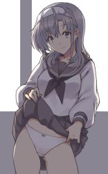 Rule 34 | 1girl, alternate costume, alternate hairstyle, black neckerchief, bow, bow panties, clothes lift, commentary request, cowboy shot, dress, grey eyes, grey sailor collar, grey skirt, hair down, hairband, indoors, kantai collection, lifted by self, long hair, nakadori (movgnsk), neckerchief, panties, pantyshot, pleated dress, sailor collar, school uniform, serafuku, shirt, silver hair, skirt, skirt lift, smile, solo, suzutsuki (kancolle), underwear, white hairband, white panties, white shirt