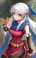Rule 34 | 1girl, absurdres, bare shoulders, belt, bird, bird on hand, black gloves, black pantyhose, blue ribbon, breasts, brown belt, dress, elbow gloves, fire emblem, fire emblem: radiant dawn, gloves, gonzarez, hair ribbon, highres, large breasts, long hair, looking at viewer, micaiah (fire emblem), nintendo, pantyhose, red dress, ribbon, sleeveless, sleeveless dress, smile, solo, very long hair, white hair, yellow eyes, yune (fire emblem)