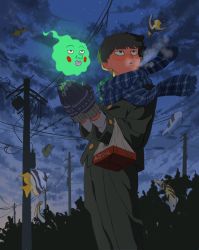 Rule 34 | 2boys, absurdres, blue scarf, blue sky, breath, ekubo (mob psycho 100), feet out of frame, fish, ghost, gloves, glowing, highres, kageyama shigeo, long sleeves, mob psycho 100, multiple boys, outdoors, plaid, plaid scarf, power lines, scarf, sky, space potatoz, star (sky), starry sky, winter clothes