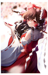 Rule 34 | 1girl, absurdres, aidaosamuaya, bare shoulders, blurry, blurry foreground, border, brown hair, cup, depth of field, detached sleeves, hair between eyes, hakurei reimu, hand up, highres, holding, holding cup, looking at viewer, looking back, red eyes, sakazuki, sarashi, solo, touhou, white border