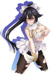 Rule 34 | 1girl, anger vein, azur lane, black hair, black pantyhose, blush, bow, breasts, breasts out, buttons, clenched teeth, covering privates, covering breasts, epaulettes, gloves, hair between eyes, hair bow, highres, holding, holding sword, holding weapon, jacket, large breasts, long hair, looking at viewer, pantyhose, ponytail, scowl, silhouette, skindentation, skirt, solo, sword, takao (azur lane), teeth, torn clothes, torn pantyhose, wanao, weapon, white gloves, white jacket, white skirt