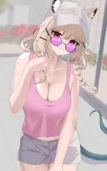 Rule 34 | 1girl, absurdres, animal ear fluff, arknights, bare shoulders, baseball cap, binware, blonde hair, blue hair, braid, breasts, cleavage, closed mouth, collarbone, day, ears through headwear, grey shorts, hair ornament, hairclip, hat, highres, large breasts, long hair, looking at viewer, midriff, multicolored hair, navel, outdoors, pink-tinted eyewear, pink shirt, purple eyes, round eyewear, shirt, shorts, smile, solo, sunglasses, tail, tank top, tinted eyewear, twin braids, two-tone hair, utage (arknights), white hat