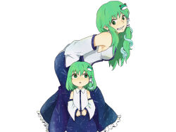 Rule 34 | 2girls, age difference, bad id, bad pixiv id, blush, breasts, child, detached sleeves, dual persona, female focus, frog hair ornament, green eyes, green hair, hair ornament, hair tubes, kochiya sanae, long hair, multiple girls, open mouth, short hair, skirt, smile, snake, sutenuko, time paradox, touhou, aged down
