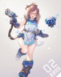 Rule 34 | 1girl, absurdres, adapted costume, bad id, bad twitter id, bare arms, black-framed eyewear, blue gloves, boots, breasts, brown hair, commentary, dress, english commentary, fur trim, glasses, gloves, gun, handgun, highres, large breasts, lino chang, looking at viewer, mei (overwatch), open mouth, orange eyes, overwatch, overwatch 2, pelvic curtain, ponytail, short dress, simple background, sleeveless, sleeveless dress, snowflakes, solo, standing, standing on one leg, teeth, thighs, upper teeth only, weapon