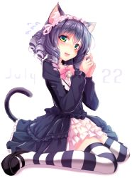 Rule 34 | 10s, 1girl, animal ears, ascot, bad id, bad twitter id, bell, blush, bow, cat ears, cat tail, cyan (show by rock!!), dress shoes, drill hair, fingers together, green eyes, grey hair, hairband, haruka natsuki, index fingers together, july, layered skirt, long hair, looking at viewer, maid, maid headdress, md5 mismatch, parted lips, resized, ribbon, show by rock!!, simple background, sitting, skirt, solo, striped clothes, striped thighhighs, sweatdrop, tail, thighhighs, wariza