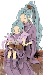 Rule 34 | 1boy, 1girl, animal, animal on lap, blue hair, book, brother and sister, cat, cat on lap, chrono trigger, dress, earrings, green eyes, highres, janus zeal, jewelry, kebe6p, light blue hair, long hair, on lap, open mouth, ponytail, purple dress, reading, schala zeal, short hair, siblings, simple background, sitting, sitting on lap, sitting on person, very long hair, white background