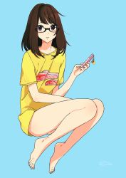 Rule 34 | 1girl, aqua background, barefoot, black-framed eyewear, blue background, bottomless, brown hair, cellphone, charm (object), commentary, feet, fingernails, full body, glasses, hand up, holding, holding phone, kurokeisin, long fingernails, long hair, looking at viewer, mole, mole under mouth, naked shirt, no panties, original, parted lips, phone, purple eyes, salmon, shirt, short sleeves, simple background, solo, toenails, toes, yellow shirt
