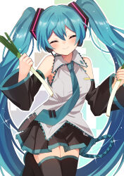 Rule 34 | 1girl, ^ ^, absurdres, aqua hair, aqua nails, black skirt, black sleeves, blush, boots, closed eyes, detached sleeves, food, grey shirt, hatsune miku, headset, highres, holding, holding food, long hair, meruko-san, multicolored background, necktie, shirt, skirt, smile, spring onion, thigh boots, twintails, vocaloid