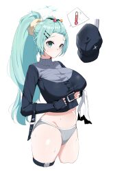 Rule 34 | 1girl, absurdres, alternate hairstyle, black hat, black sweater, blue archive, breasts, cabbie hat, clothes lift, cowboy shot, green eyes, grey panties, hair ornament, hair scrunchie, hairclip, halo, hat, highres, hiyori (blue archive), jacket, large breasts, light green hair, long hair, long sleeves, looking at viewer, midriff, navel, open mouth, panties, plentyofempty, ponytail, scrunchie, solo, stomach, sweatdrop, sweater, sweater lift, thermometer, underwear