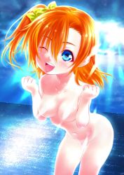Rule 34 | 10s, 1girl, beach, blue eyes, blush, bow, breasts, censored, cloud, convenient censoring, eyes visible through hair, hair bow, highres, kosaka honoka, kurimuzon, leaning forward, lens flare, light censor, light rays, looking at viewer, love live!, love live! school idol project, medium breasts, medium hair, navel, nude, ocean, one eye closed, open mouth, orange hair, outdoors, side ponytail, sky, smile, solo, standing, sun, sunlight, water, wink